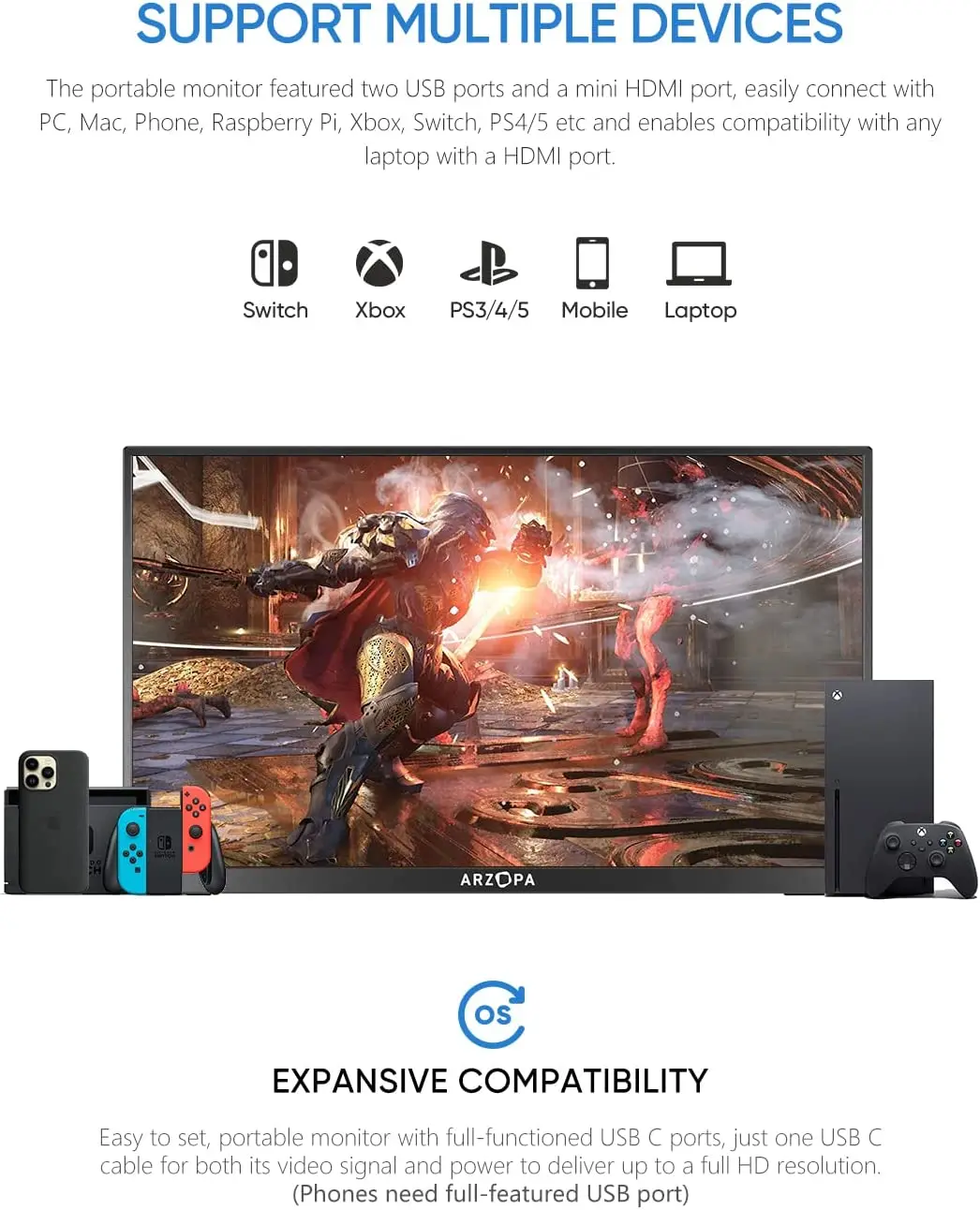 14.0ġ ARZOPA 1080p ޴  ʹ usb c HDMI ͺ  ÷ ips  PS5 ȵ̵ 