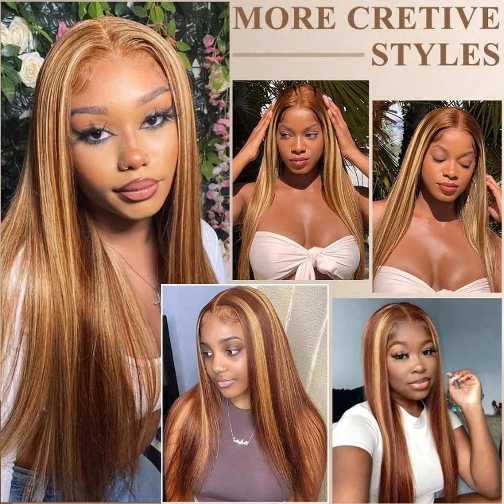 26 Inch 250% Density P4/27 Highlight Bone Straight 13x6 HD Lace Frontal Wigs Human Hair Brazilian Ombre Honey Blonde Human Hair