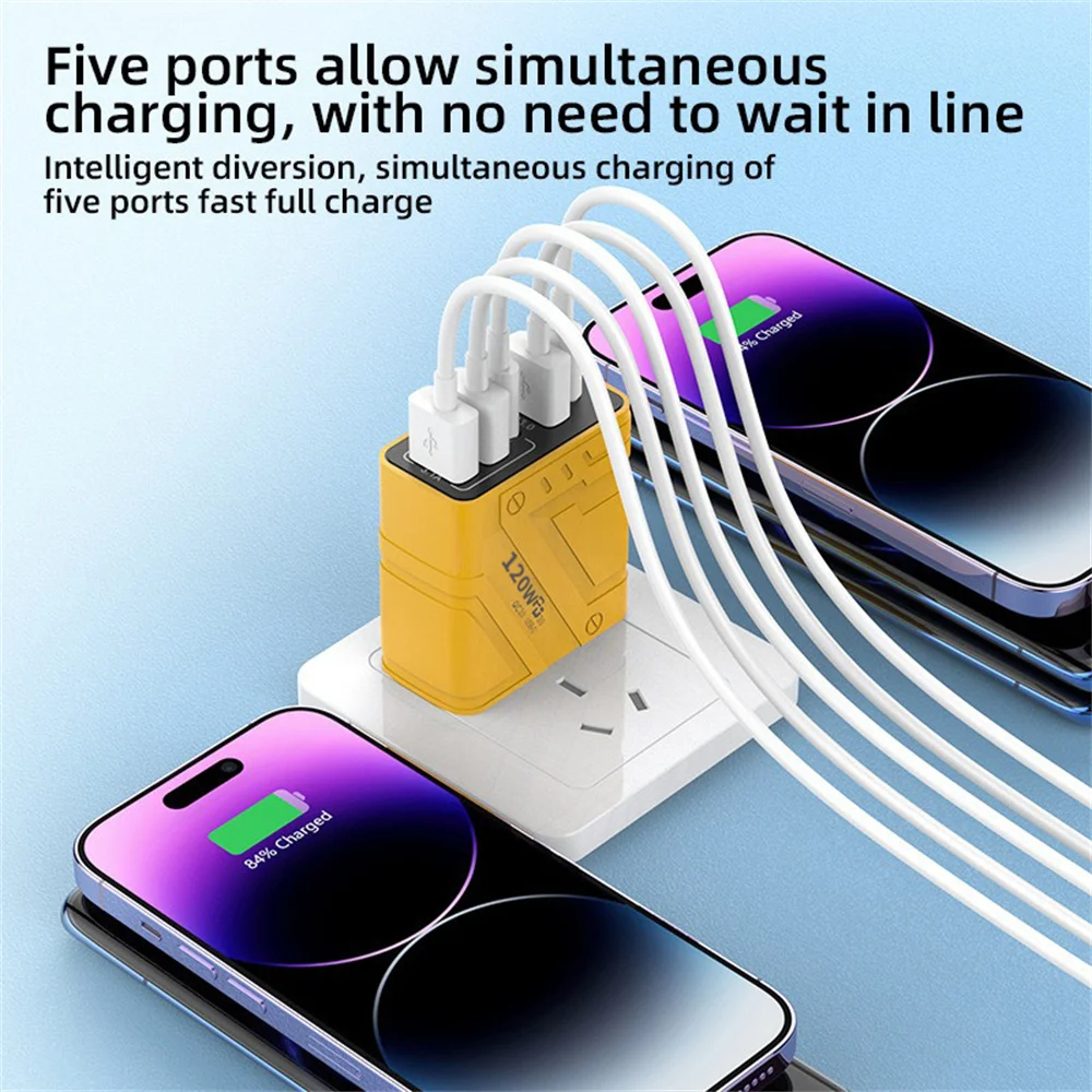 120W 5 Port USB C Fast Charger Phone Adapter For iPhone Samsung Xiaomi Quick Charge Wall Travel EU US Plug USB Chargers