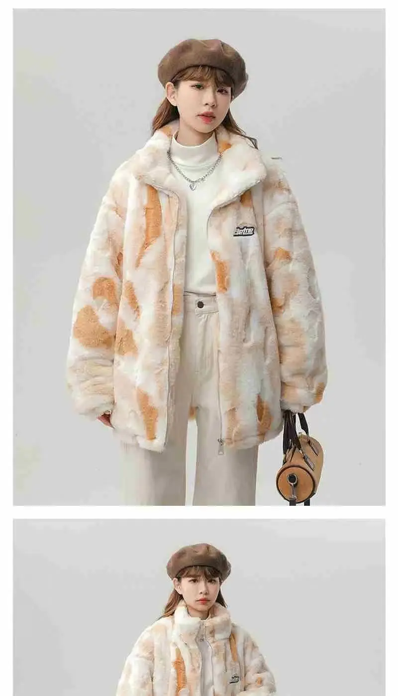 Tie dye Lamb wool Coat 2025 New Winter Trendy Student Cotton Jacket Thicken Loose Stand collar Coats Female Warm Parka Overcoat