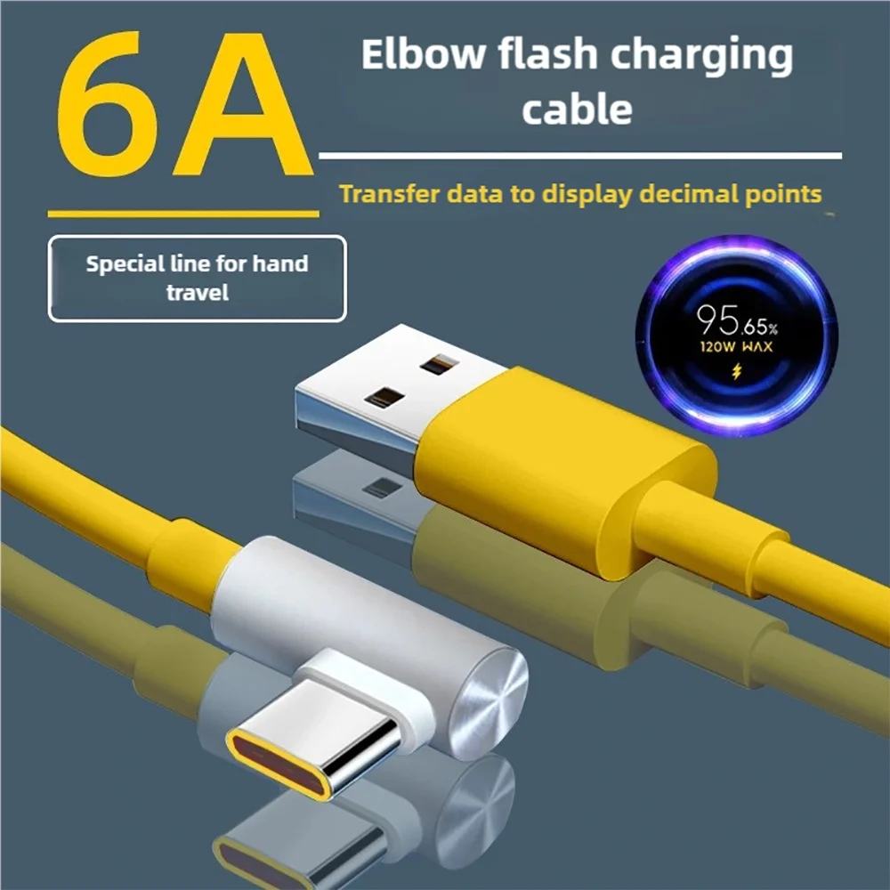 120W 90 Degree Elbow Cable Type C Fast Charging 6A USB C Data Cord For Xiaomi Mi 14 Pro Redmi Note 13 Fast Charging Data Cable