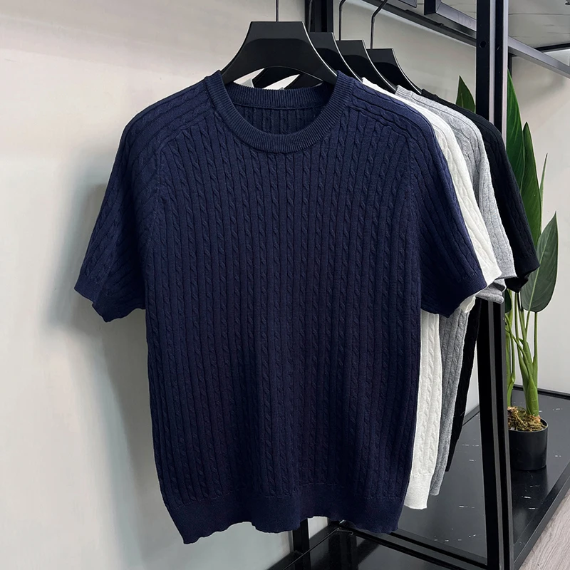Designer-Marken-Kurzarm-Strick-T-Shirt Sommer einfarbig atmungsaktiv Herren koreanischer Jugendstil lässig weich bequem Rundhalsausschnitt – Detail 11