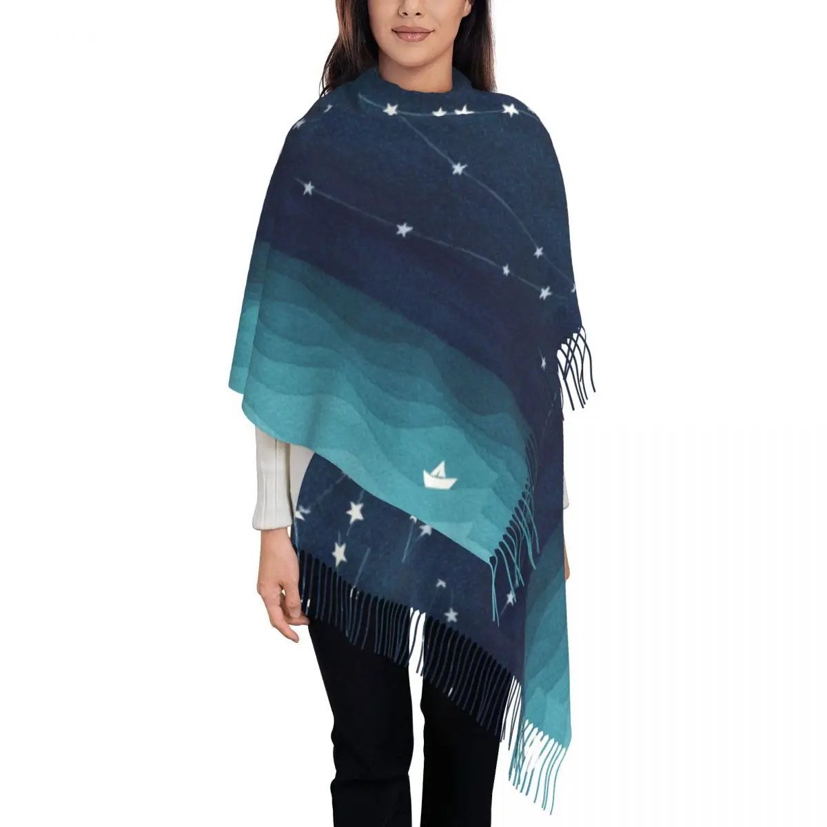

Garland Of Stars Scarf Waves Outdoor Shawl Wrap with Long Tassel Women Casual Large Scarves Winter New Design Bandana