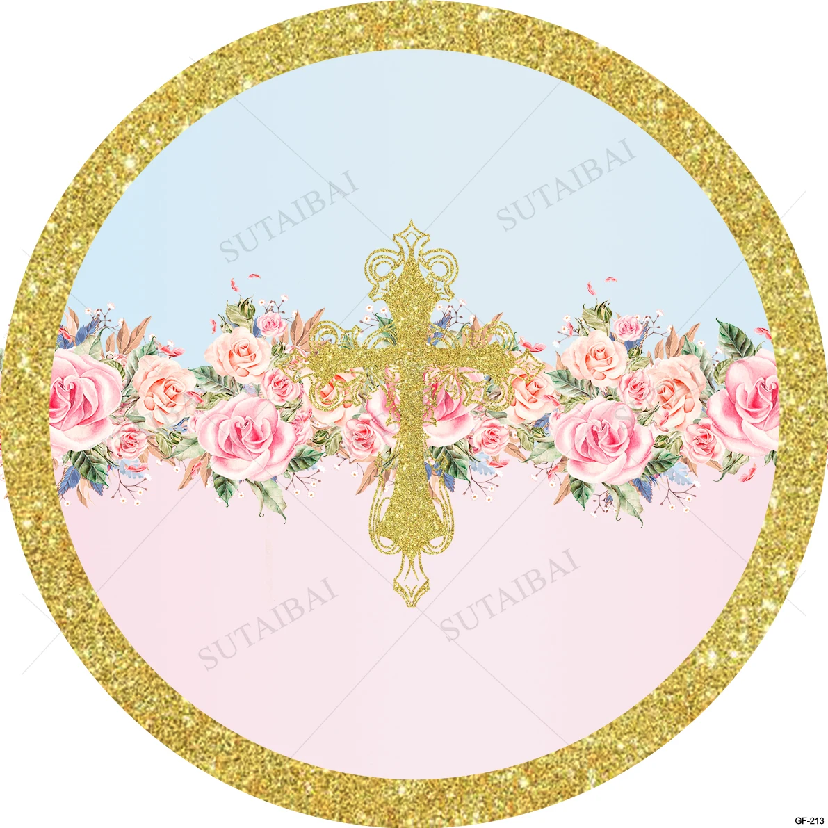 

Girl Communion Christening Backdrop Gold Round Pink Flower God Bless Cross Newborn Baby Baptism Props Kid Portrait Photo Studio