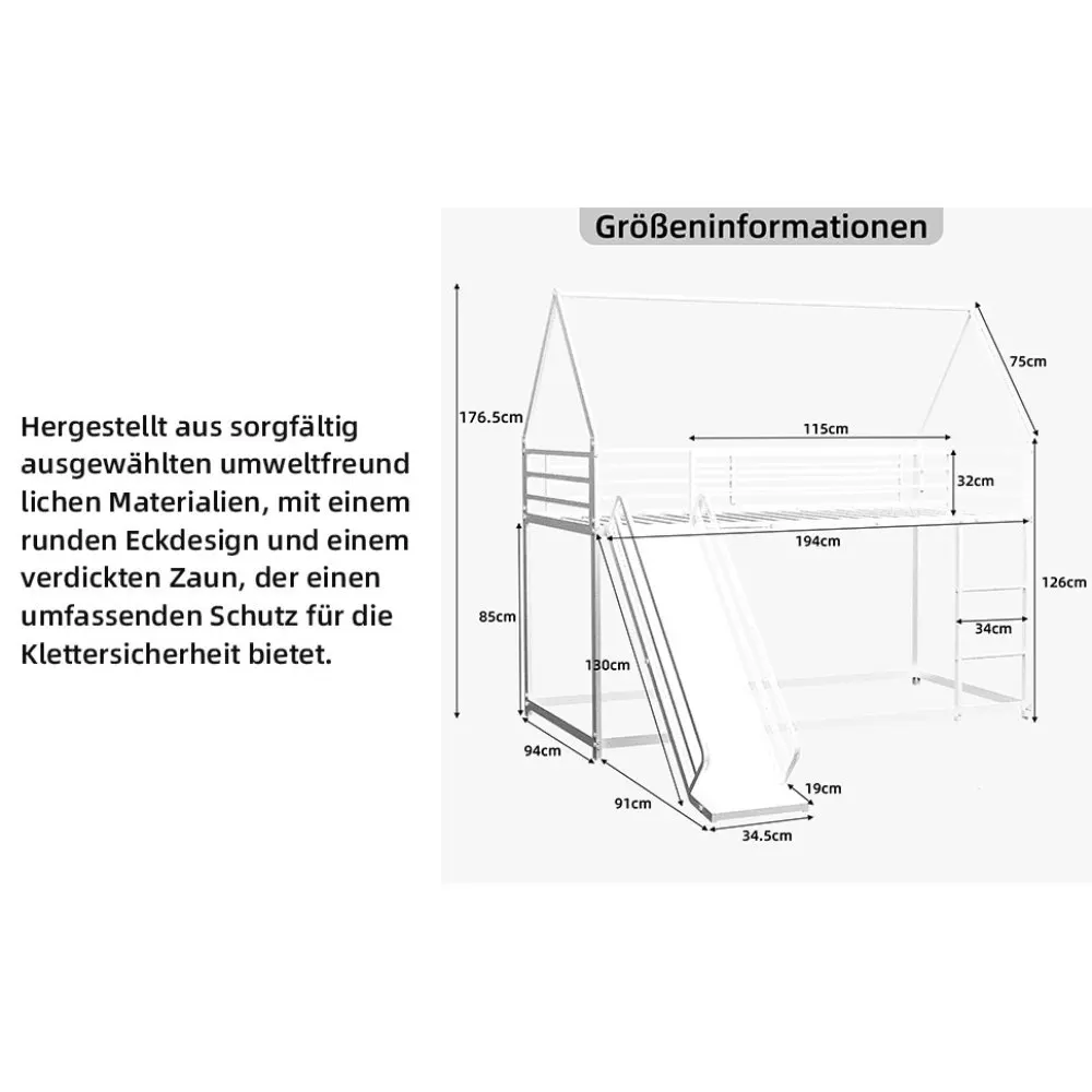 90 x 190 cm großes Etagenbett über zwei Personen mit Rutsche für Kinderzimmer, hausförmiger Bettrahmen mit Leiter, kein Boxspringbett erforderlich und einfach zu installieren – Detail 16