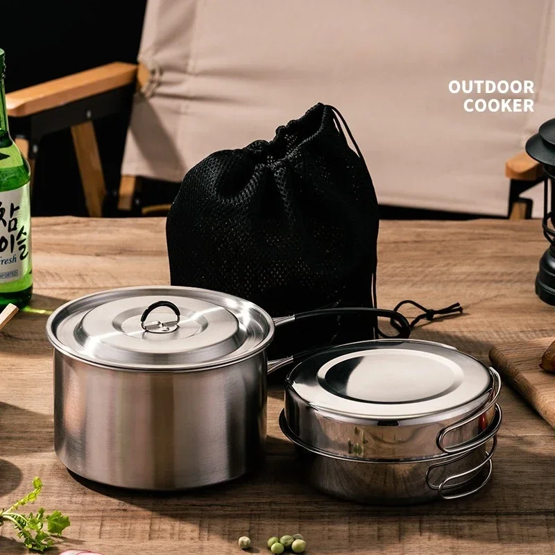 Outdoor Cookware Set Camping Stainless Steel Pot Portable Folding Handle Frying Pan Plate Picnic Cookware Outdoor Supplies