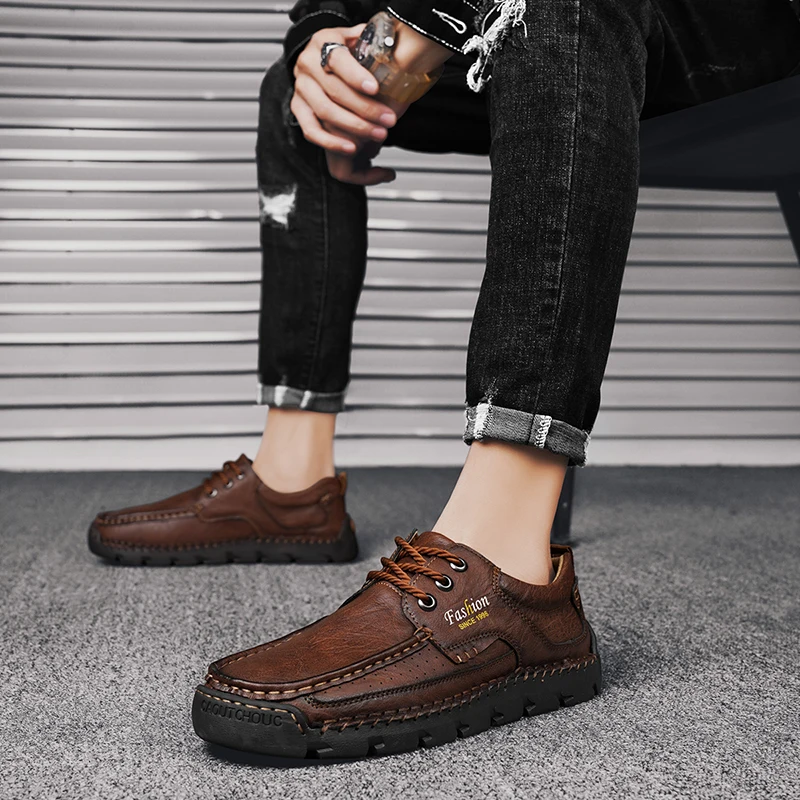 New Leather Men's Hiking Shoes Lace-up Man Light Flats Comfortable Outdoor Driving Flats Fashion Stylish Casual Shoes for Men 4