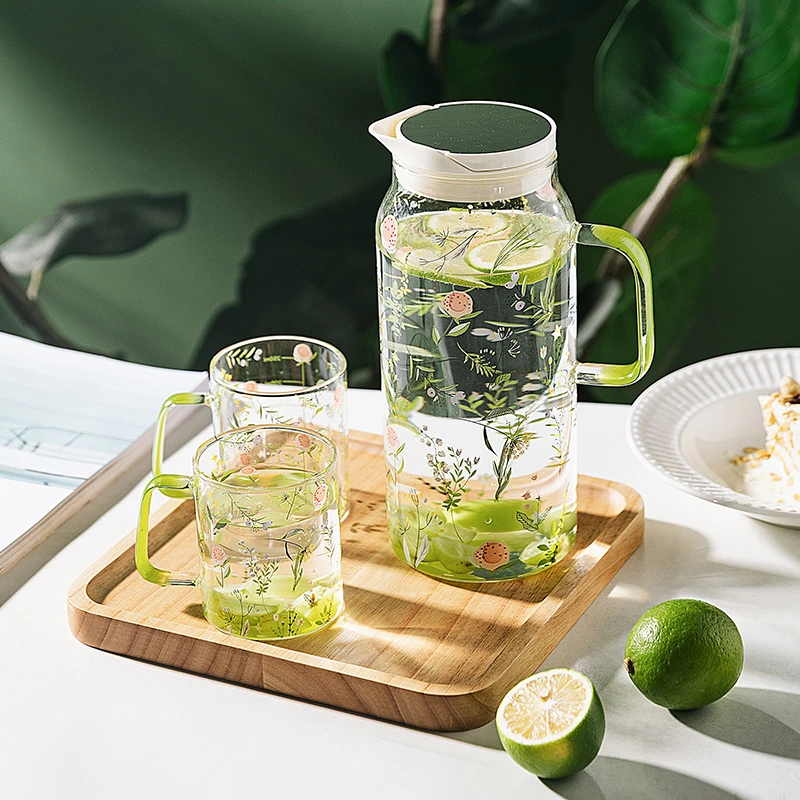 Glass Cold Water Bottle High Temperature Resistant Household Teapot Cup Set Pastoral Plant Printing Juice Drink Bucket Kettle