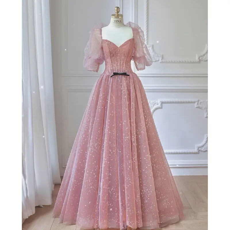 

Sweet Sparkle Long Evening Dresses Simple Backless Pink Party Dresses Vintage Short Sleeves Suknie Wieczorowe