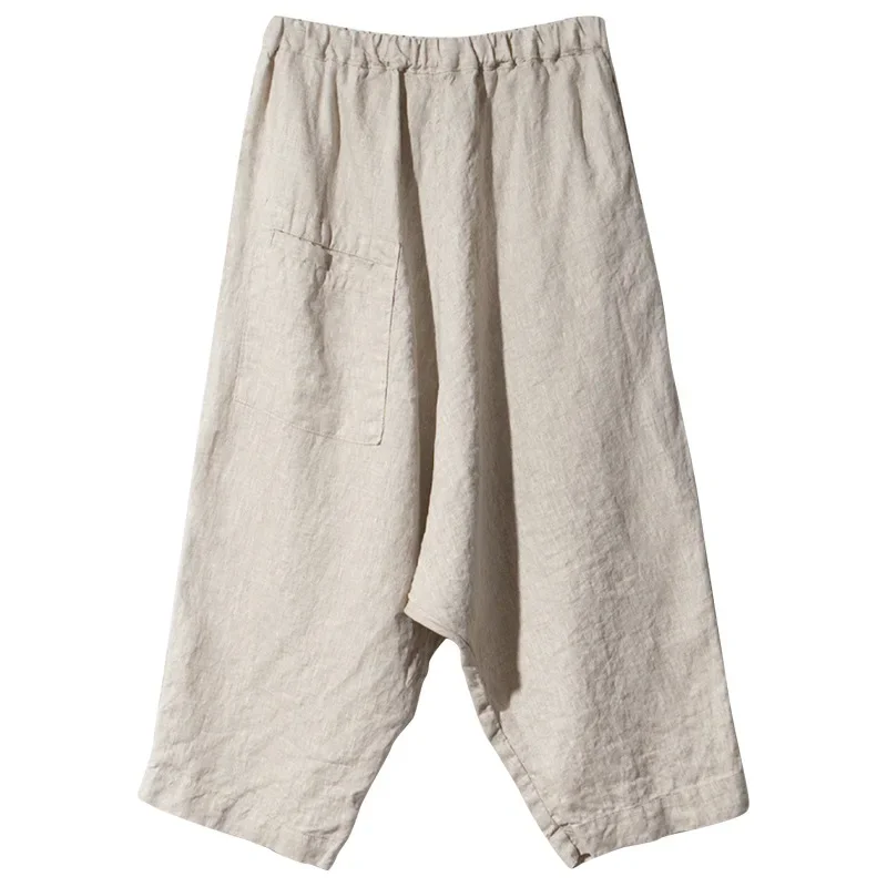 Chic Women Summer Linen Cotton Casual Vintage Wide-leg Pants New Fashion Elastic Wais Pocket Loose Ankle-length Pantalons 5