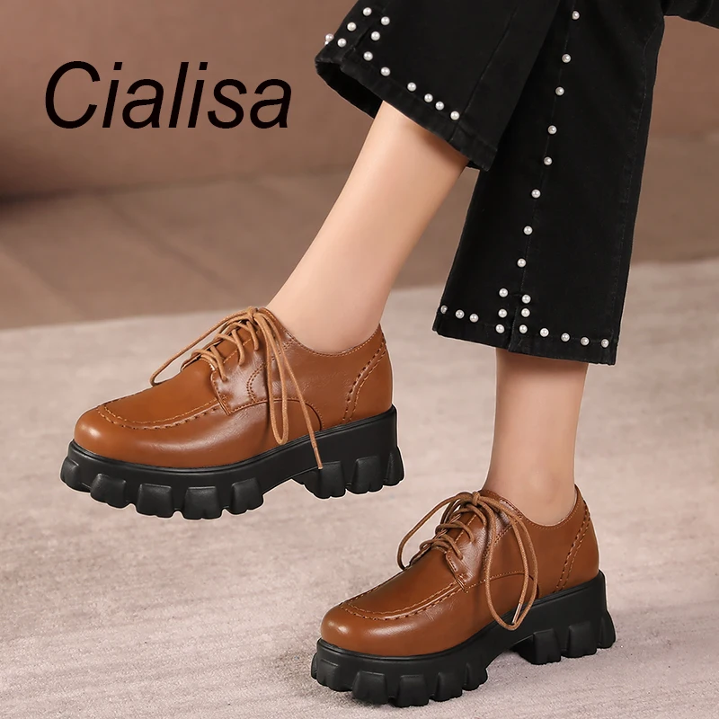 

Cialisa Women's Shoes Spring Autumn Platform Round Toe Casual Cross-Tied Handmade Chunky Heels Ladies Footwear Black Sizes 34-46
