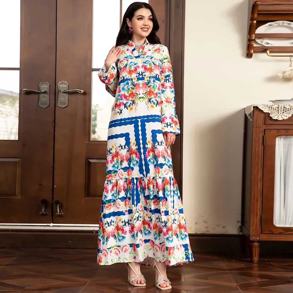 Muslim Abaya Sweet Party Long Dresses for Women V-neck Printing Color contrast Splicing Flared Sleeve Female A-line Skirt Kaftan