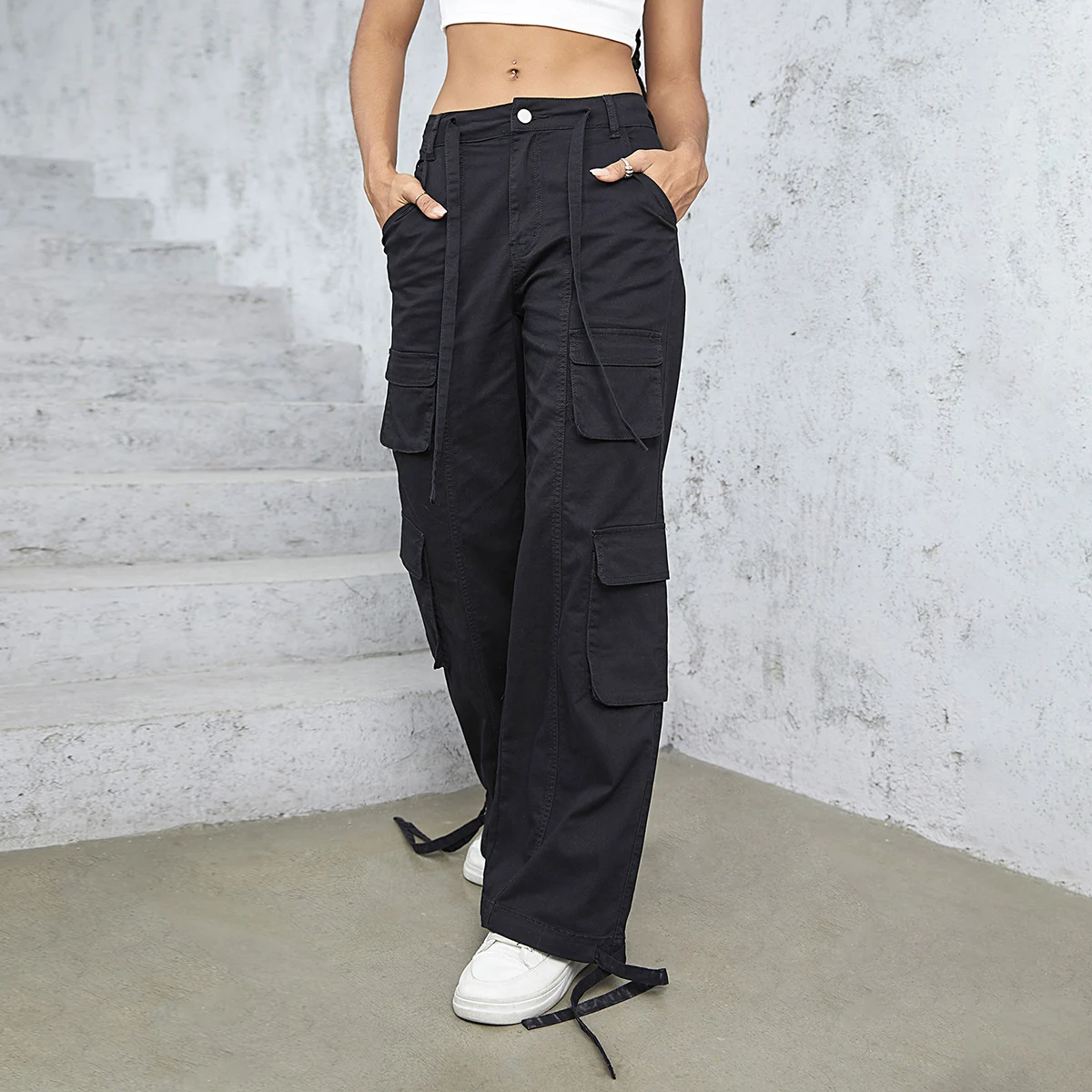 GILIPUR Vintage Cargo Pants High Waist Drawstring Women Streetwear Multiple Pockets Ankle-tied Trousers Y2K with 3 Colors