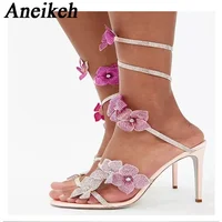 Aneikeh Sexy CRYSTAL Flower Narrow Band Ankle Strap Sandals Woman Thin High Heels Street Style  Pole Dancing Ladies Shoes - Image 2