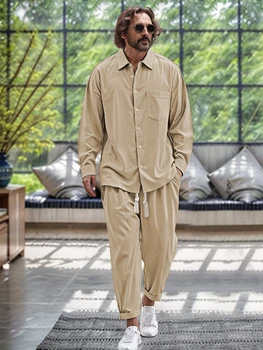 Camicia da uomo a maniche lunghe in cotone 100% lino primavera autunno con tasca Set da due pezzi per abbigliamento da spiaggia casual per le vacanze quotidiane 1