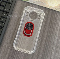 Enhanced Phone Case with Ring Holder - Soft Silicone TPU Cover for Doogee S Cyber (Transparent C Red)