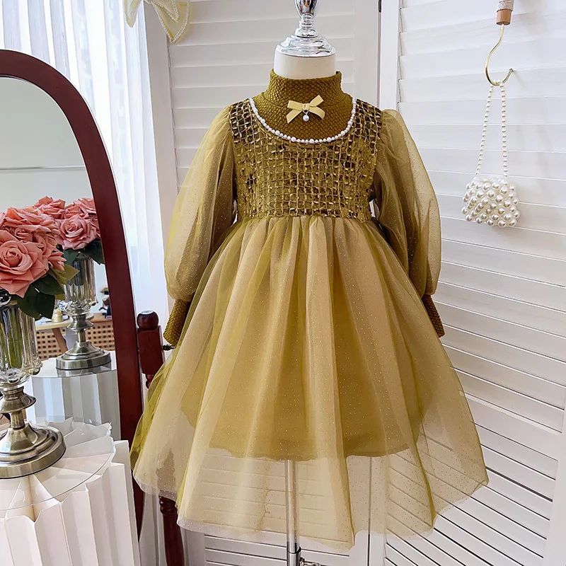 

Girls' Dress Korean Version Spring and Autumn New Fashionable Long Sleeves Round Collar Mesh Princess Dress Party Attire 2-7Y