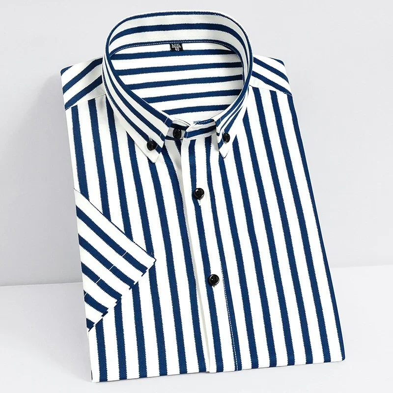 

2023 Regular Fit Short Sleeve Strech Striped Shirts for Men Summer Soft Business Men's Dress Shirt Casual