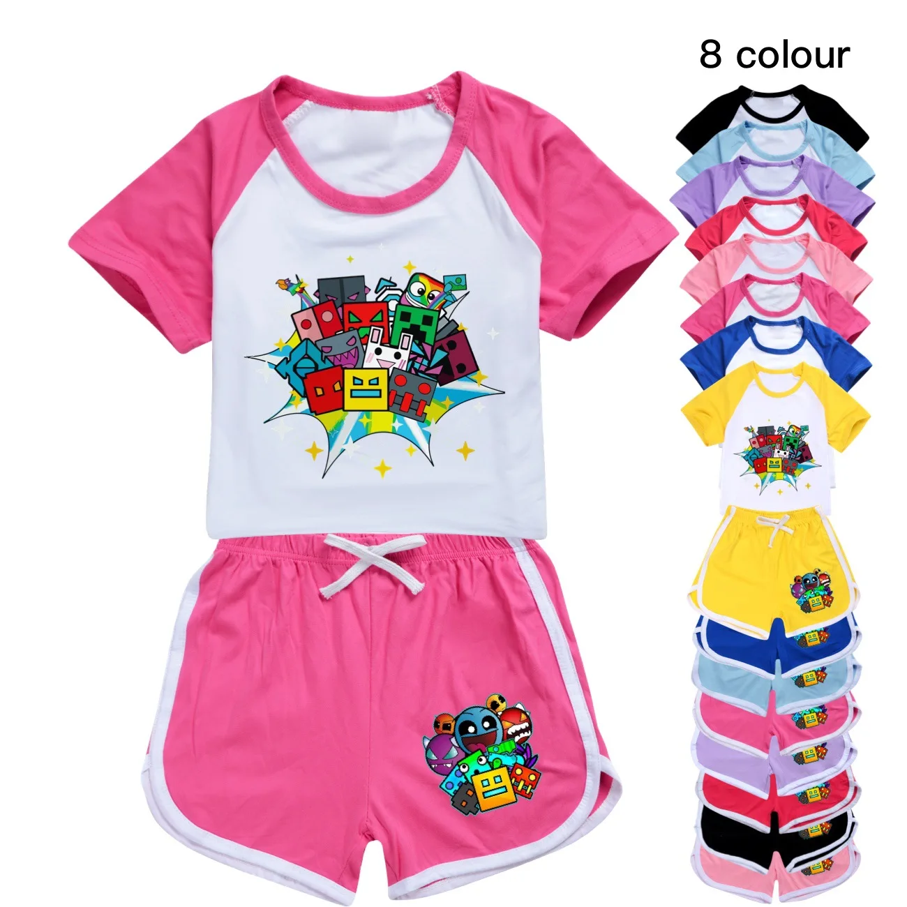 

2024 Kawaii Geometry Dash Clothes Children Summer T-Shirts+Shorts 2Pcs/Sets Kids Cotton Casual Sportswear Boys Girl Tracksuits