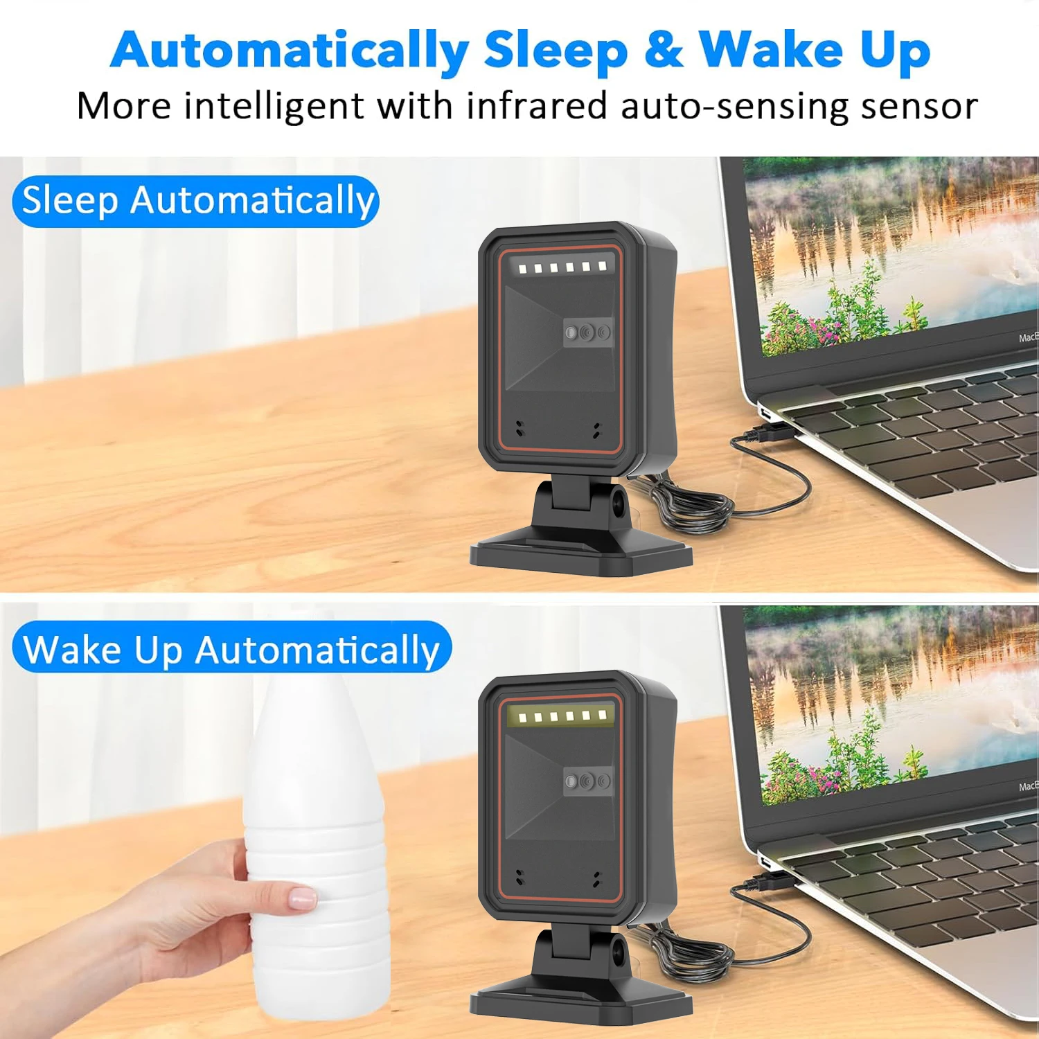 Desktop 2D Barcode Scanner USB Wired Hands-Free Omnidirectional 1D QR Bar Code Reader Scanning Platform Plug & Play