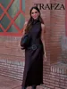 TRAFZA Female Summer Fashion Long Dress Solid O-Neck Sleeveless Hollow Out Button Belt Decoration Women New Elegant Dress 3