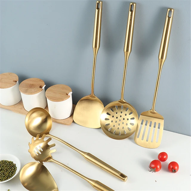 Black and Gold Kitchen Utensils Set 6PC Black Silicone Utensils Set  Includes: Gold Tongs, Gold Whisk, Gold Serving Spoon, Gold Spatula &  Turner-Black and Gold Kitchen Accessories & Gold Kitchen Decor 