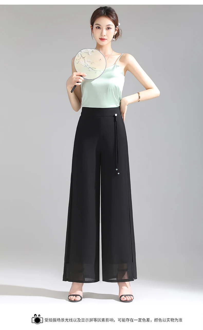 ZUZK Double Layer Chiffon Pants Fashion Slit Chiffon Pants Spring Summer Comfortable Elastic Waist Slim Chic Droop Pants