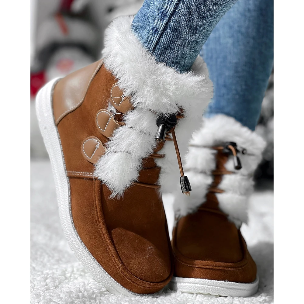 Winter Fashion Pu Leather Lace-up Fuzzy Lined Ankle Boots for Women Casual Round Toe Flat Ankle Snow Short Boots Daily Korean