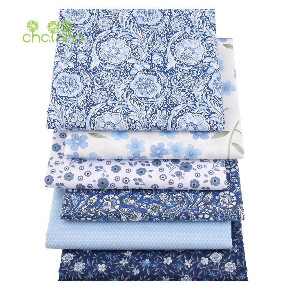 Chainho,Printed Twill Weave Cotton Fabric,DIY Qulting Sewing Material,Patchwork Cloth,Blue Series,6 Designs,3 Spiecification
