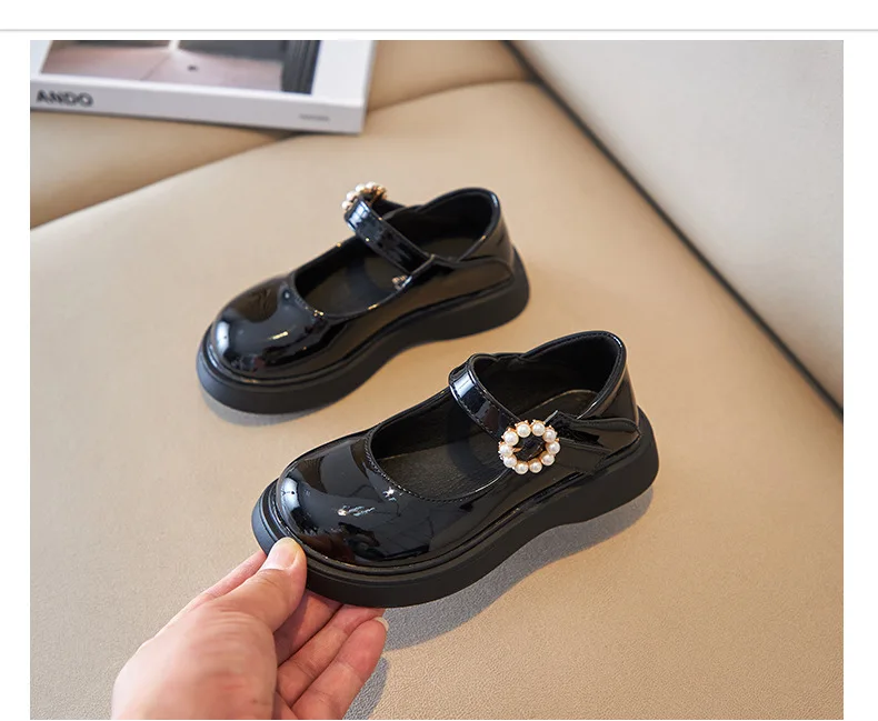 Schicke Lederschuhe für Mädchen, Prinzessin, süße schwarze Mary Janes mit Perlenanhänger für Hochzeit, Party, Schulanfang, flache Schuhe, Größe 26–36 – Detail 15