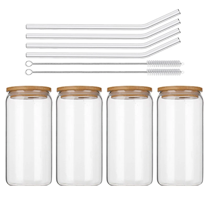 Beer Can Glass with Bamboo Lids and Glass Straws 4 Pack 16Oz Drinking  Glasses with Lids and Straws Can Shaped Glass Cups - AliExpress