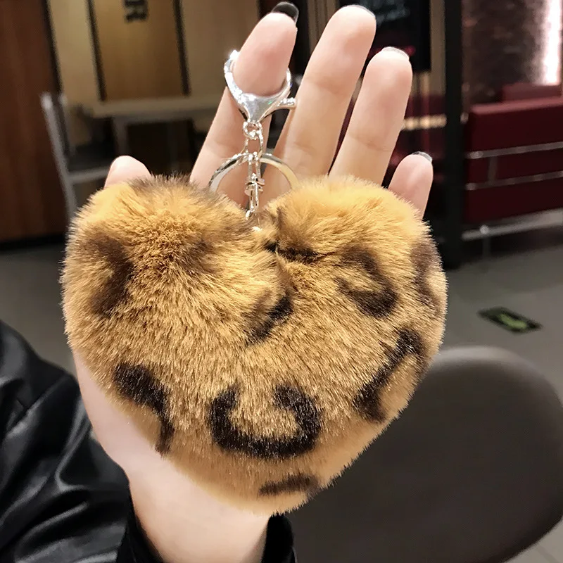 Pom Pom Keychain Leopard Print Key Ring Fluffy Faux Fur Heart Cute Handbag  Accessorie Gift Vintage Fashion