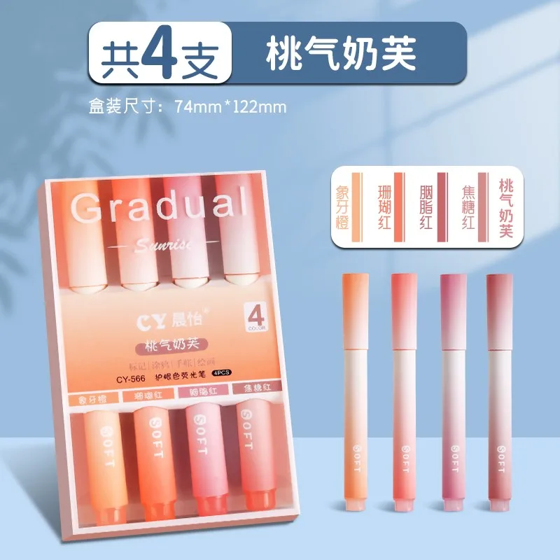 Pastel Gradient Highlighter Pen Drawing Marker Pens Fluorescent Pen 4Pcs/set Cute Stationery Office School Supplies Highlighters