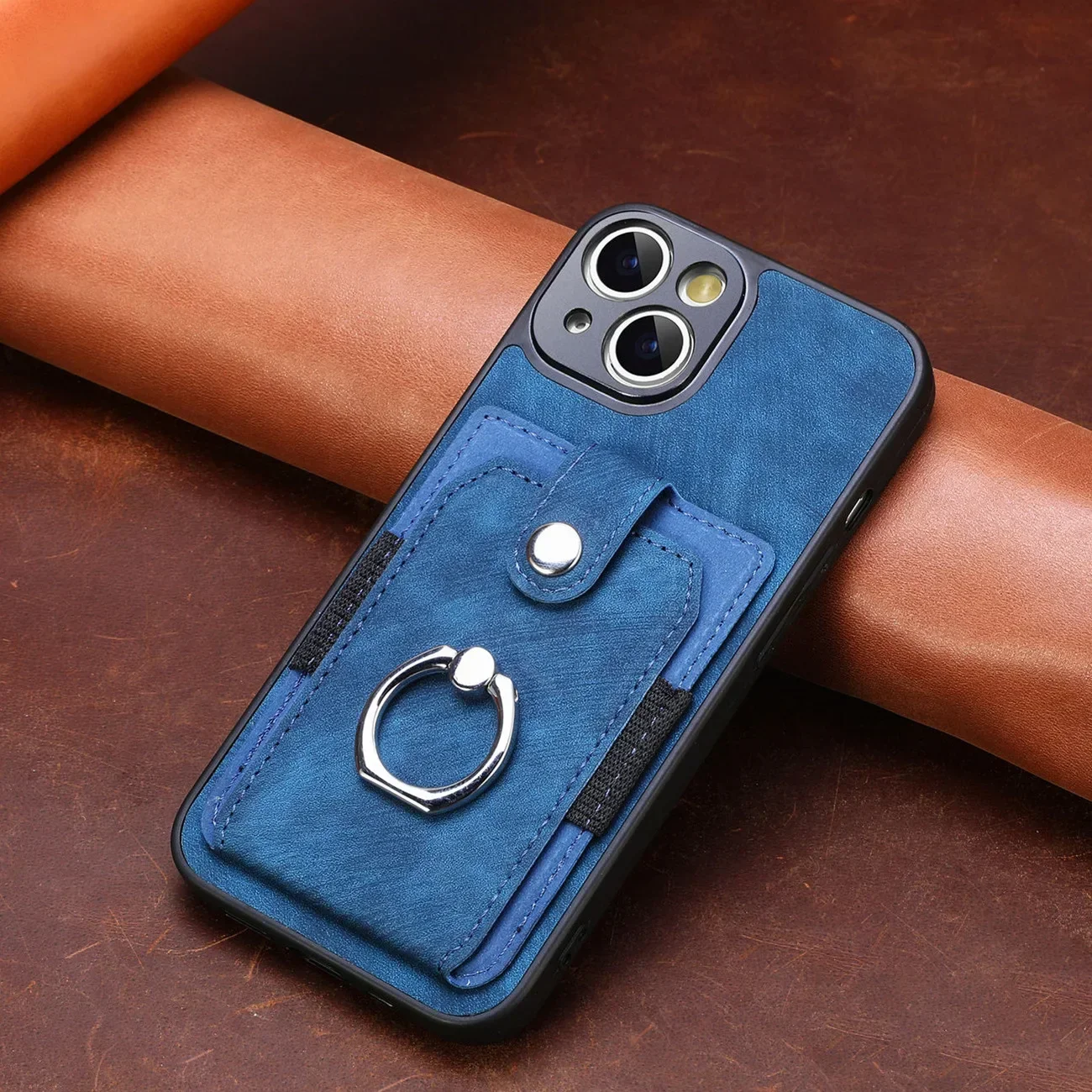 Leather Wallet Phone Case with Card Slot and Magnetic Finger Ring Holder