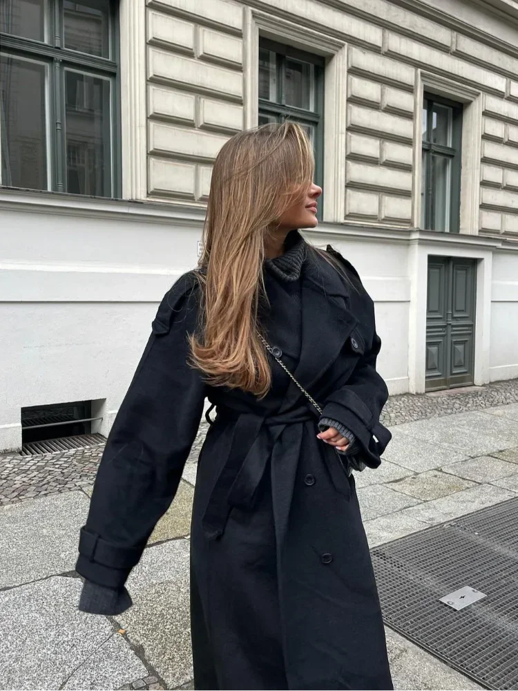 Fashion With Belt Black Woolen Long Coat For Women Oversize Loose Double Button Lapel Overcoat Autumn Lady High Street Outerwear 4