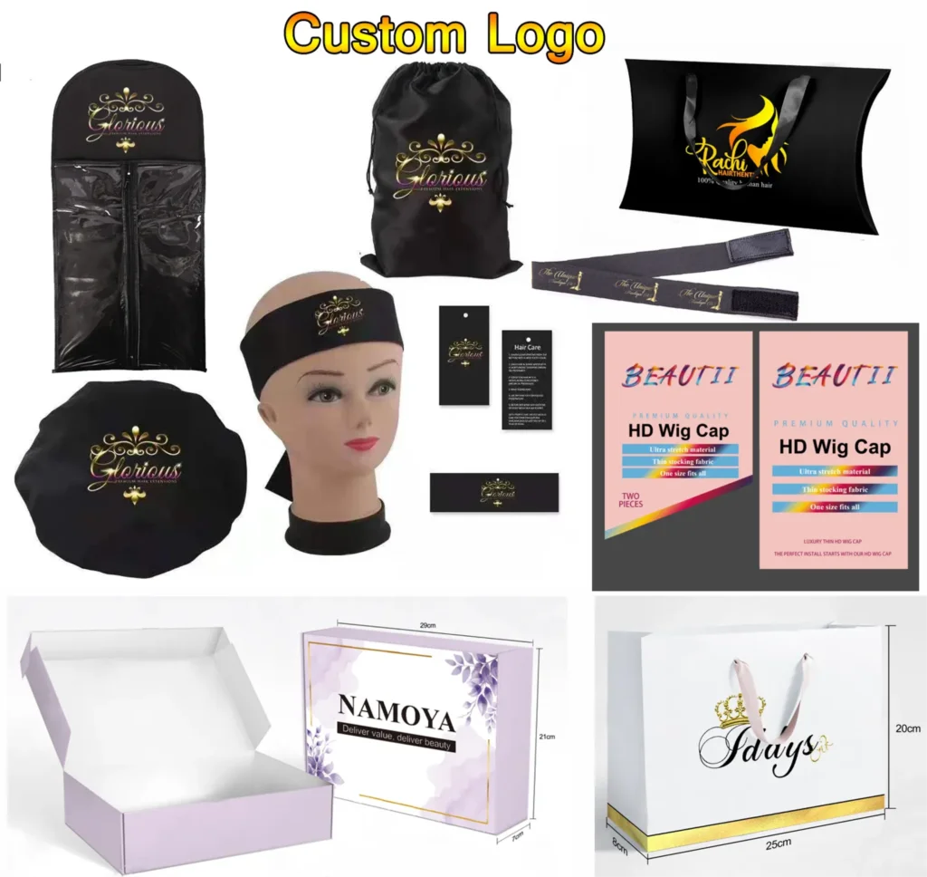 custom logo.bonnet .wig bag,headband,wig cap,shopping bag ,wig glue,and box.free shipping