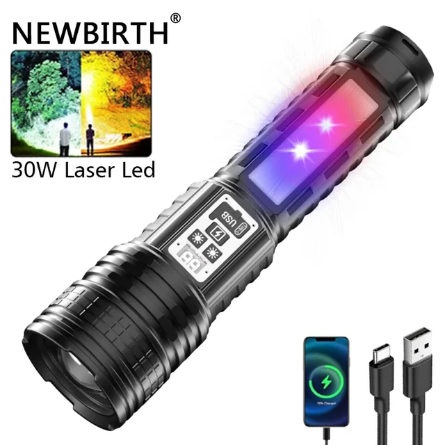 Super Big Flashlight USB Rechargeable Most Strong LED Flash Light Long Range Torch Zoom Outdoor With Digital Power Display