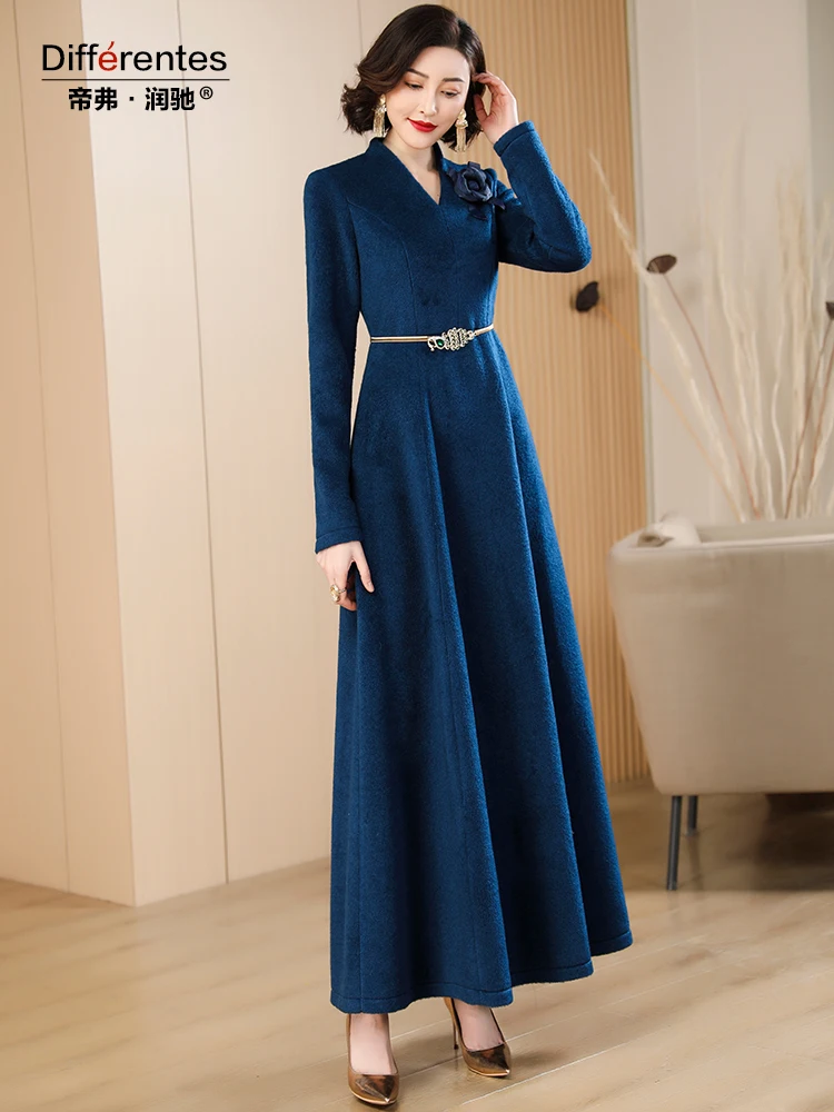 Warm Ladies Winter Maxi Dresses Navy Woolen Long Winter Dress