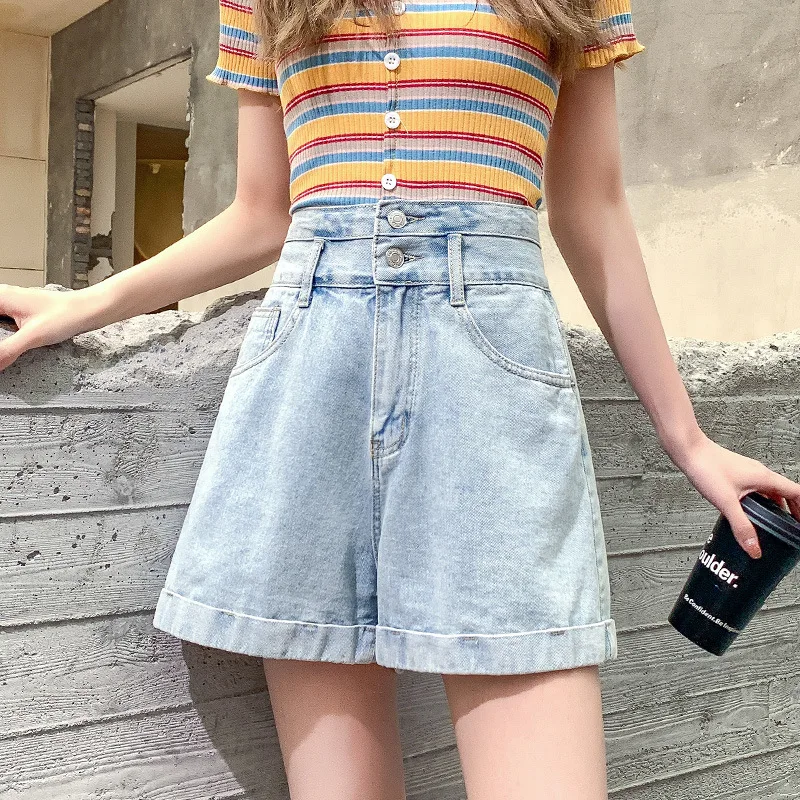 2024 Summer Woman High Waist Denim Shorts Loose A-line Wide-leg Jeans Female Solid Fashion Casual Shorts with Buttons Streetwear