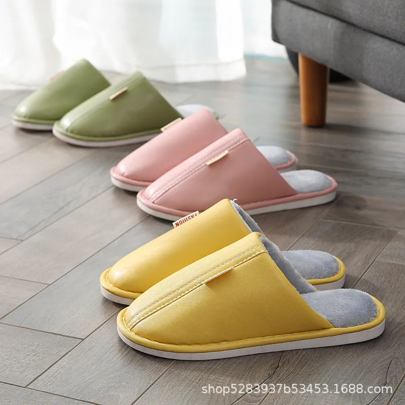 

Fashionable Winter Home Slippers Men And Women Plus Velvet Thick-soled PU Leather Waterproof Skid-proof Warm Cotton Slippers