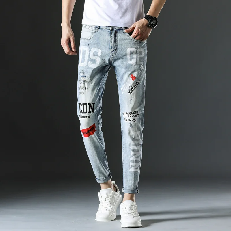 Men's Jeans Spring Summer Korean Fashion Pants Classic Overalls Straight Trousers for Men Large Size Painted Worn Slim Fit D2