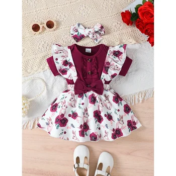 3PCS Baby Girl Clothes Set Rose Red Short Sleeves Bodysuit+Flower Strap Skirt Infant Girl Summer Costume for 1-18Months Toddlers 1