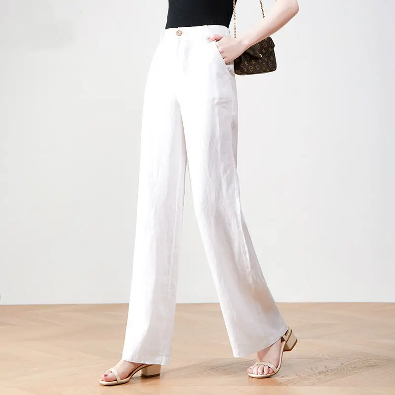 Women White 100% Pure Linen Wide Leg Trousers Elastic Band Waist Summer Thin Loose Breathable Straight Leg Pants Oversize S 3XL