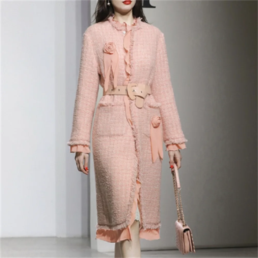 

Женское твидовое пальто в стиле ретро, розовое шерстяное пальто с утолщенной талией, Осень-зима