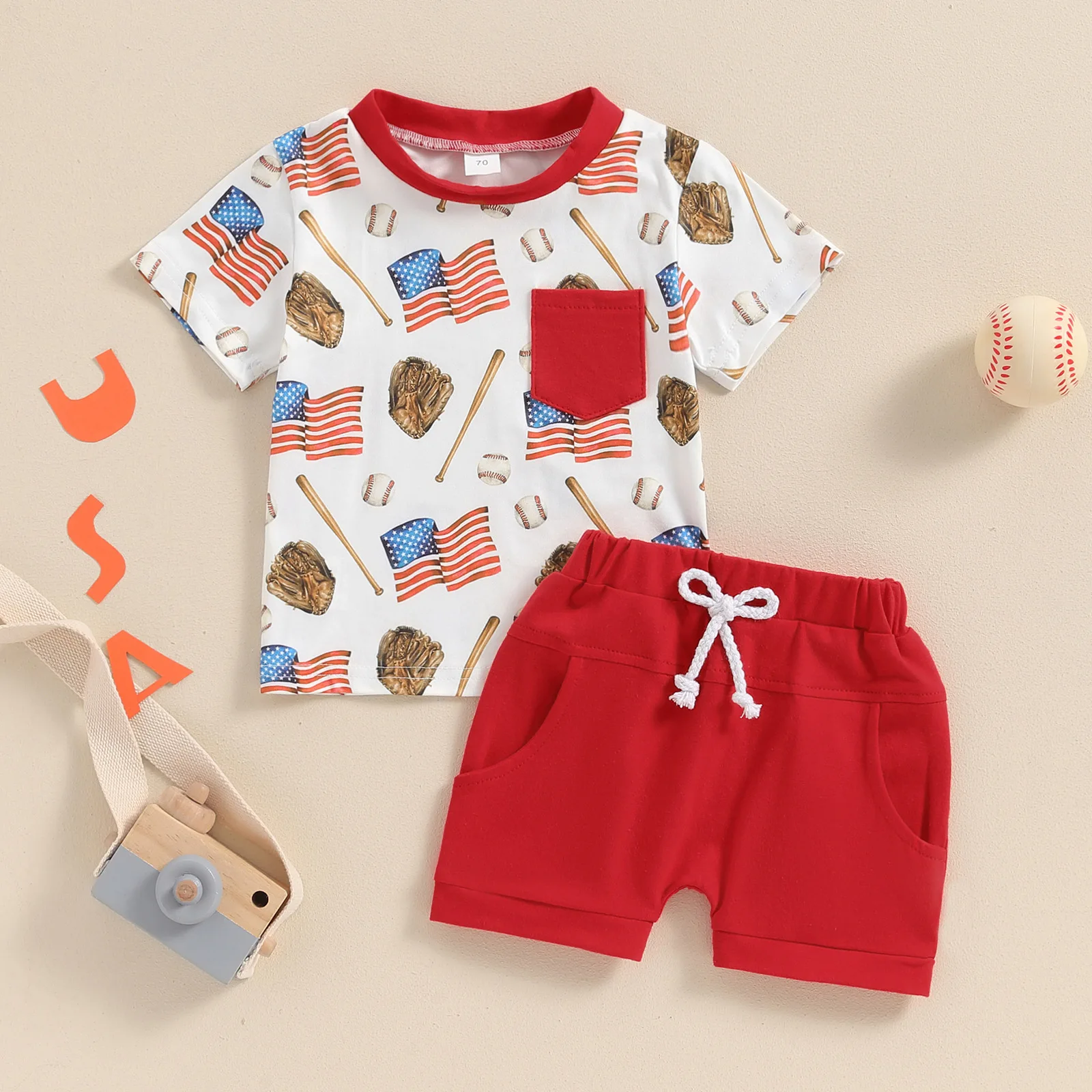 

A Euramerican Summer Suit Independence Day Boys Baseball American Flag Printed Short-Sleeved Shorts 2-Piece Set Dropshipping