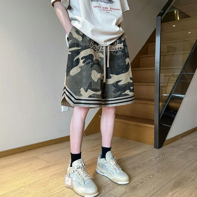Embroidered Camouflage Trendy Hip-hop Casual Shorts for Men's Summer Loose Fitting Men's Capris Drawstring Short for Men
