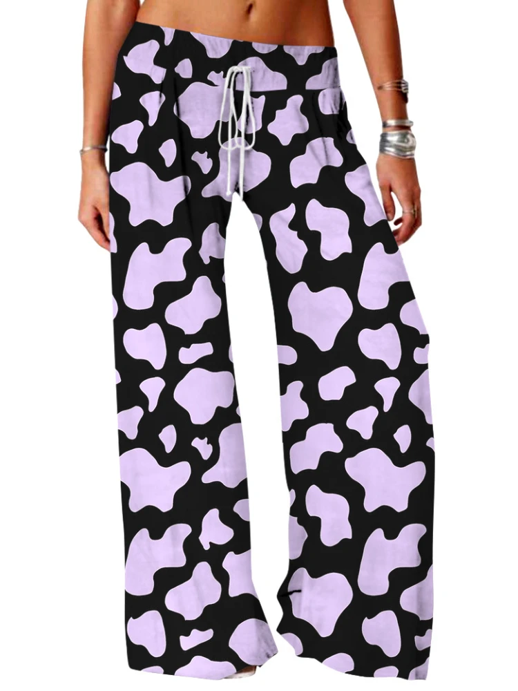 Wide Leg Pants Full Length Black White Milk Cows Graphics Printed Hipster Casual Summer Streetwear Trousers Women Clothing
