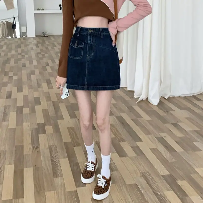 Denim Skirt Pocket High Waist Women Summer Korean Fashion Y2K Style Washed Denim Skirt Women Butt-Covering A Word Short Skirt
