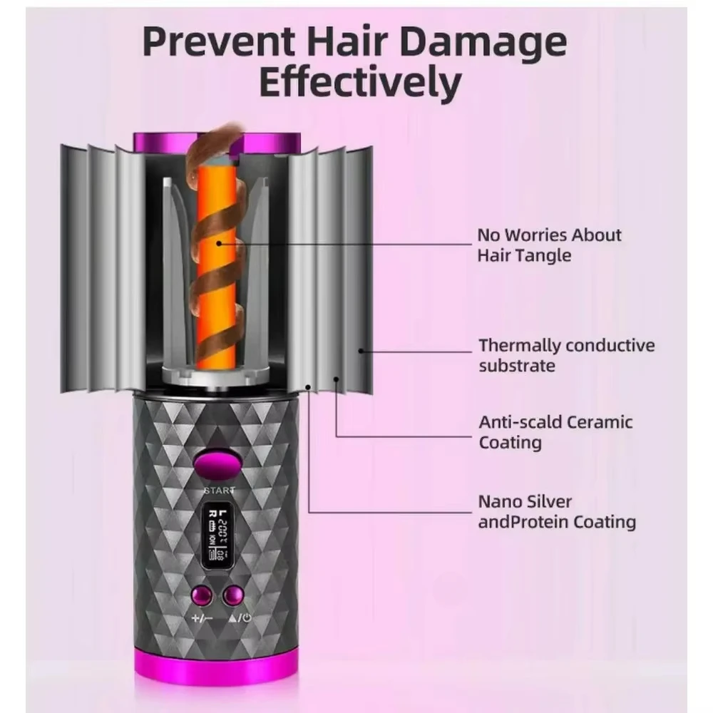 AONEZ Auto Rotating USB-C Cordless Hair Curler Adjustable Temp Time Fast Heat Curling Iron for Effortless Styling Travel Home