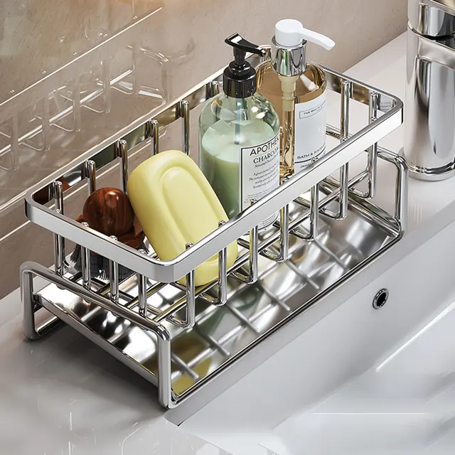 Porta spugna da cucina Scarico per lavello in acciaio inossidabile Scolapiatti per sapone Portasciugamani Scaffale Organizzatore Accessori per il bagno 3